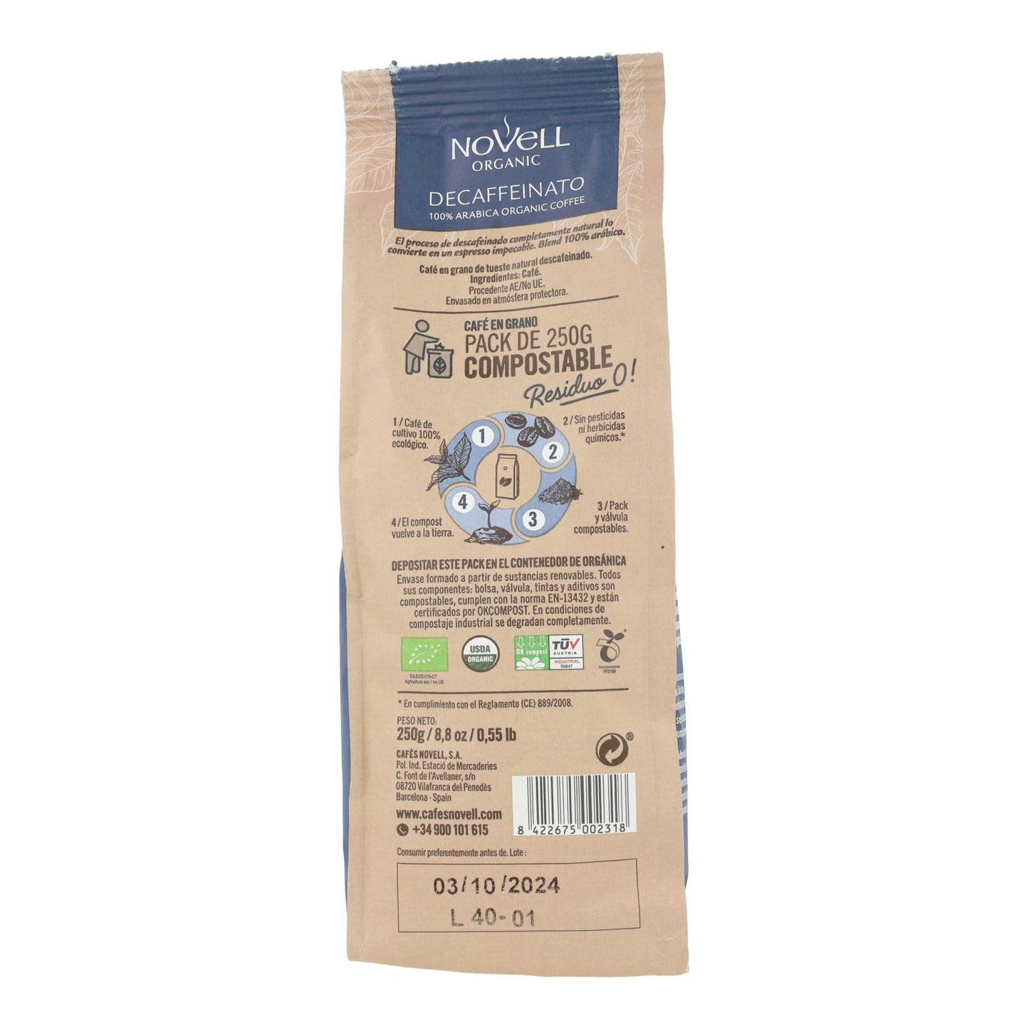 Café en grains décaféiné bio 250 g