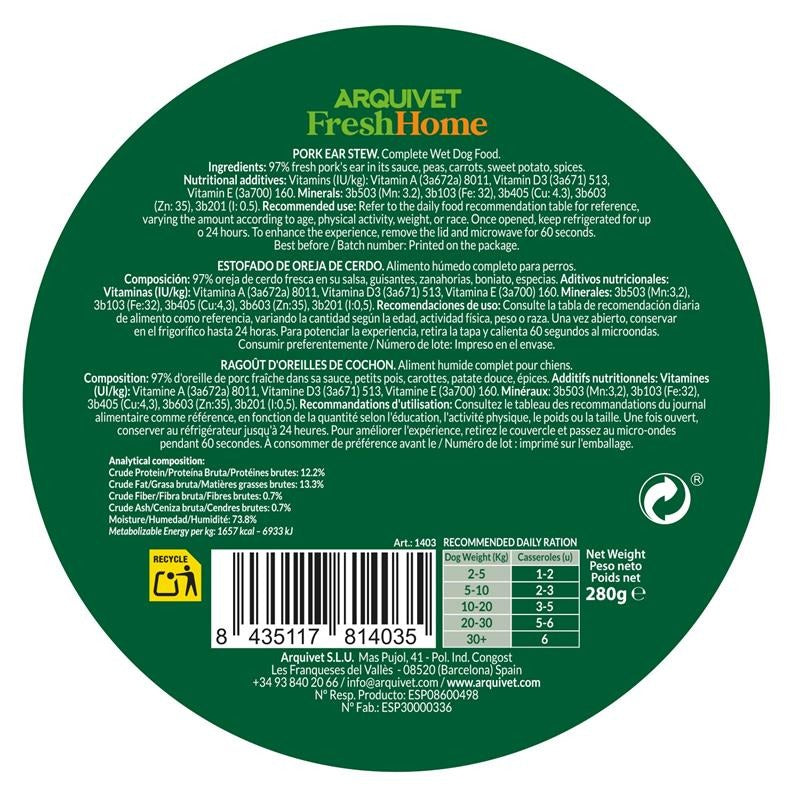 Arquivet Fresh Home Pig Ear Stew Alimento umido a base di orecchie di maiale per cani 280 g