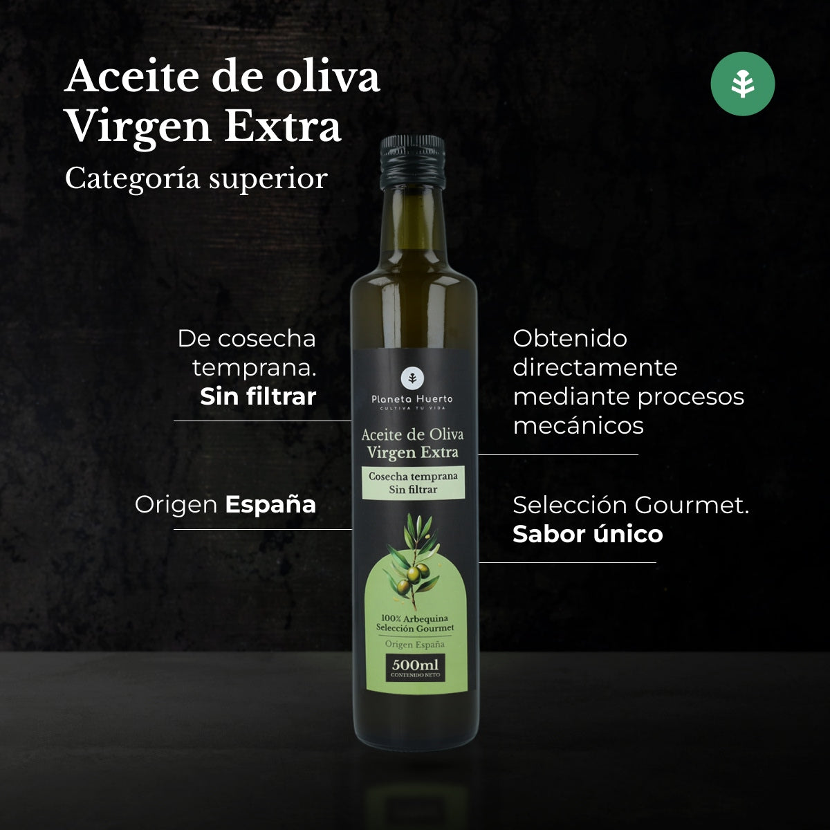 3er-Pack Planeta Huerto, ungefiltertes natives Olivenöl extra aus früher Ernte, grün, 500 ml