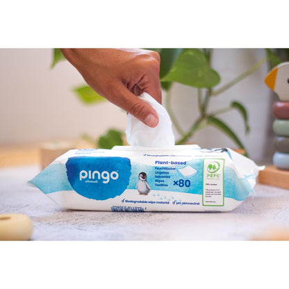 Lot de 12 paquets de lingettes humides 100 % biodégradables Pingo 80 unités