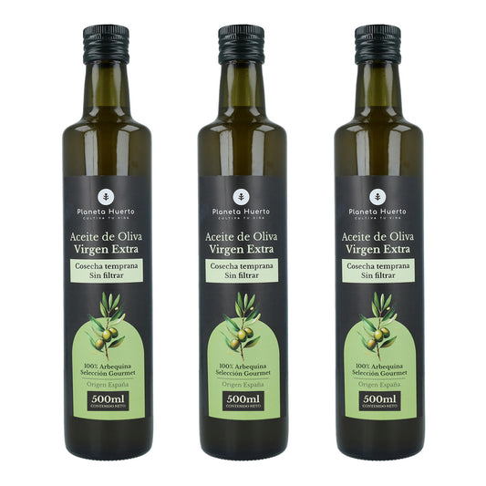 Lot de 3 bouteilles d'huile d'olive vierge extra de première récolte verte non filtrée Planeta Huerto 500 ml