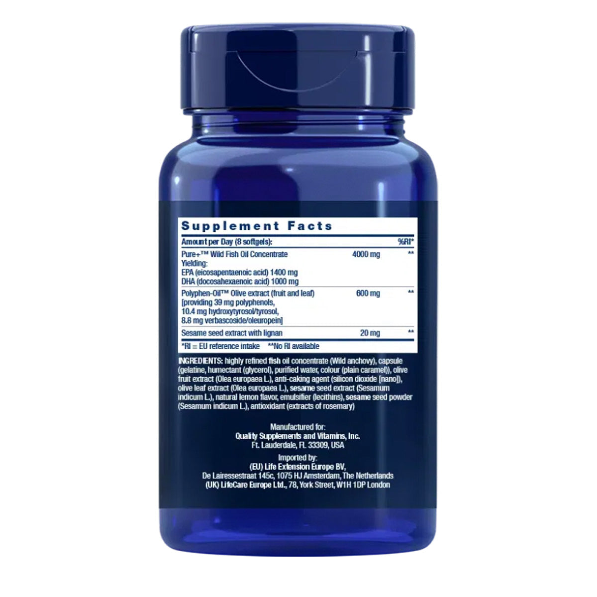 Super Omega-3 EPA/DHA Fish Oil Sesame Lignans & Olive Extract, Life Extension 240 kapsułek