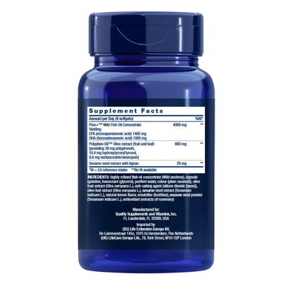 Super Omega-3 EPA/DHA Fish Oil Sesame Lignans & Olive Extract, Life Extension 240 kapsułek