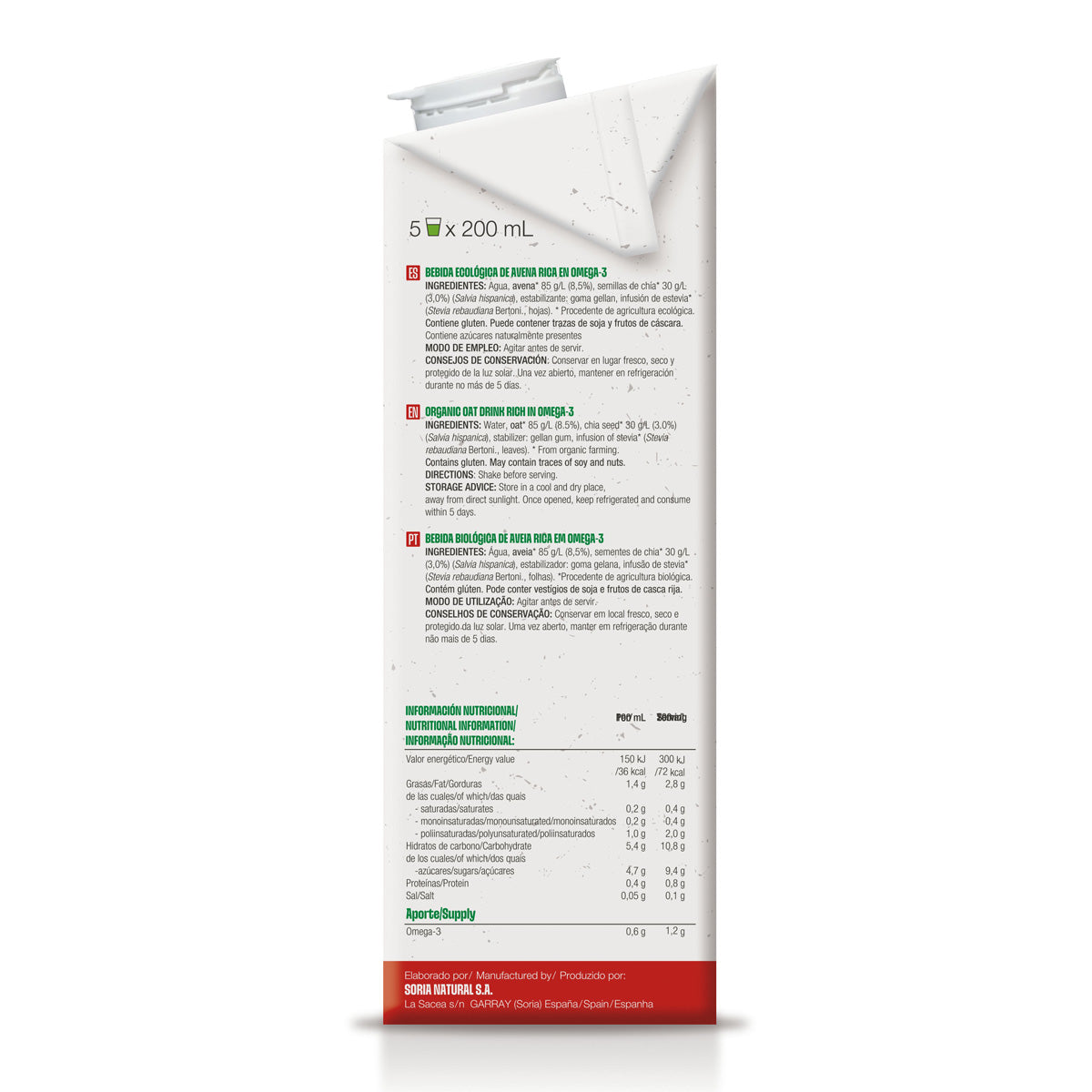 Organic Oat Drink Rich in Omega 3, Soria Natural, 1 L