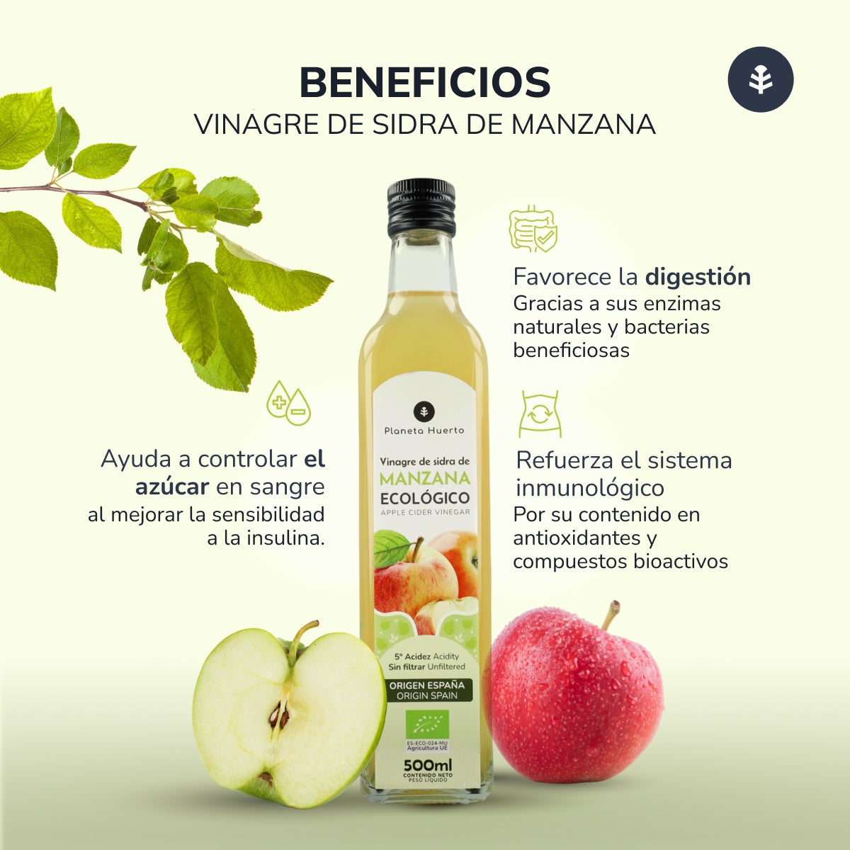 Confezione da 3 aceto di sidro di mele non filtrato ECO Planeta Huerto 500 ml