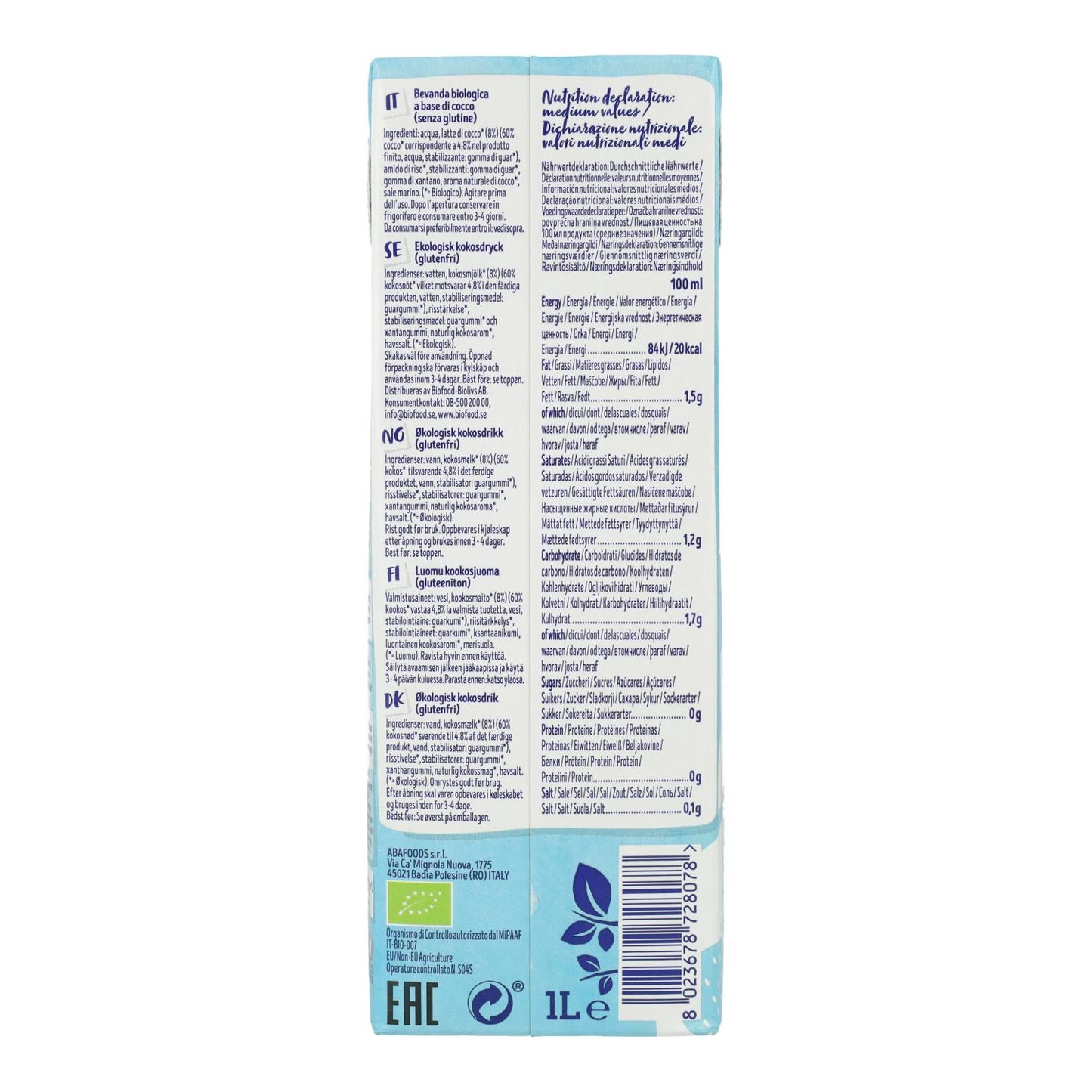 Isola Bio Organic Unsweetened Coconut Drink 1L