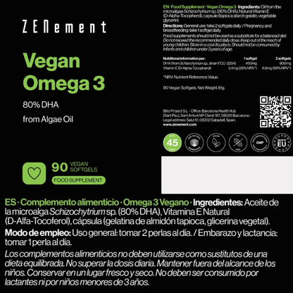 Omega 3 vegano 80% DHA da olio di alghe Zenement 90 capsule
