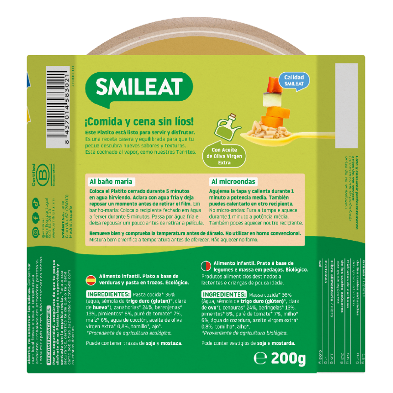 Piatto di maccheroni con verdure dell'orto ECO (a partire dai 15 mesi) Smileat 200 g
