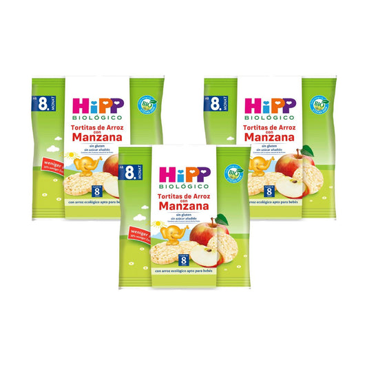 Confezione da 3 gallette di riso con mela senza glutine bio per bambini +8 mesi HiPP 30 g