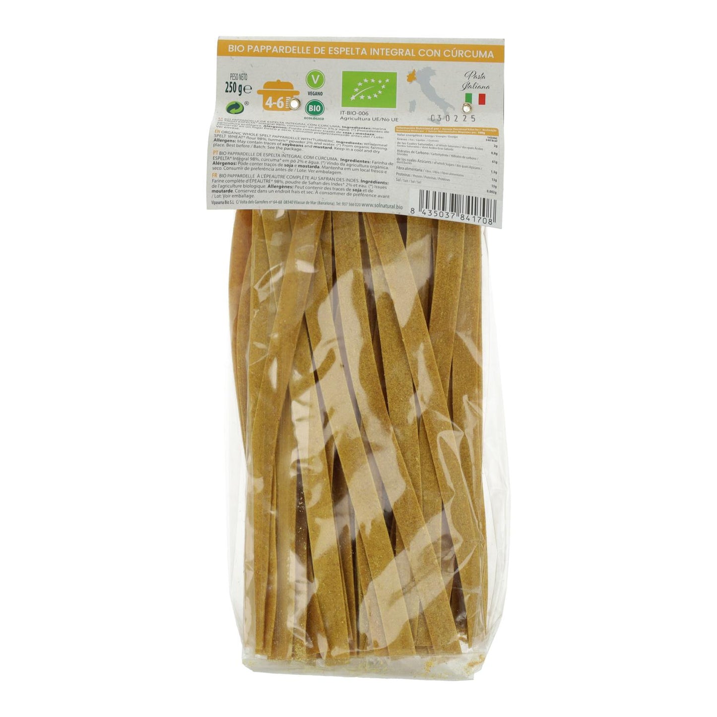 Pâtes Parpadelle complètes à l'épeautre et au curcuma bio Sol Natural 250 g