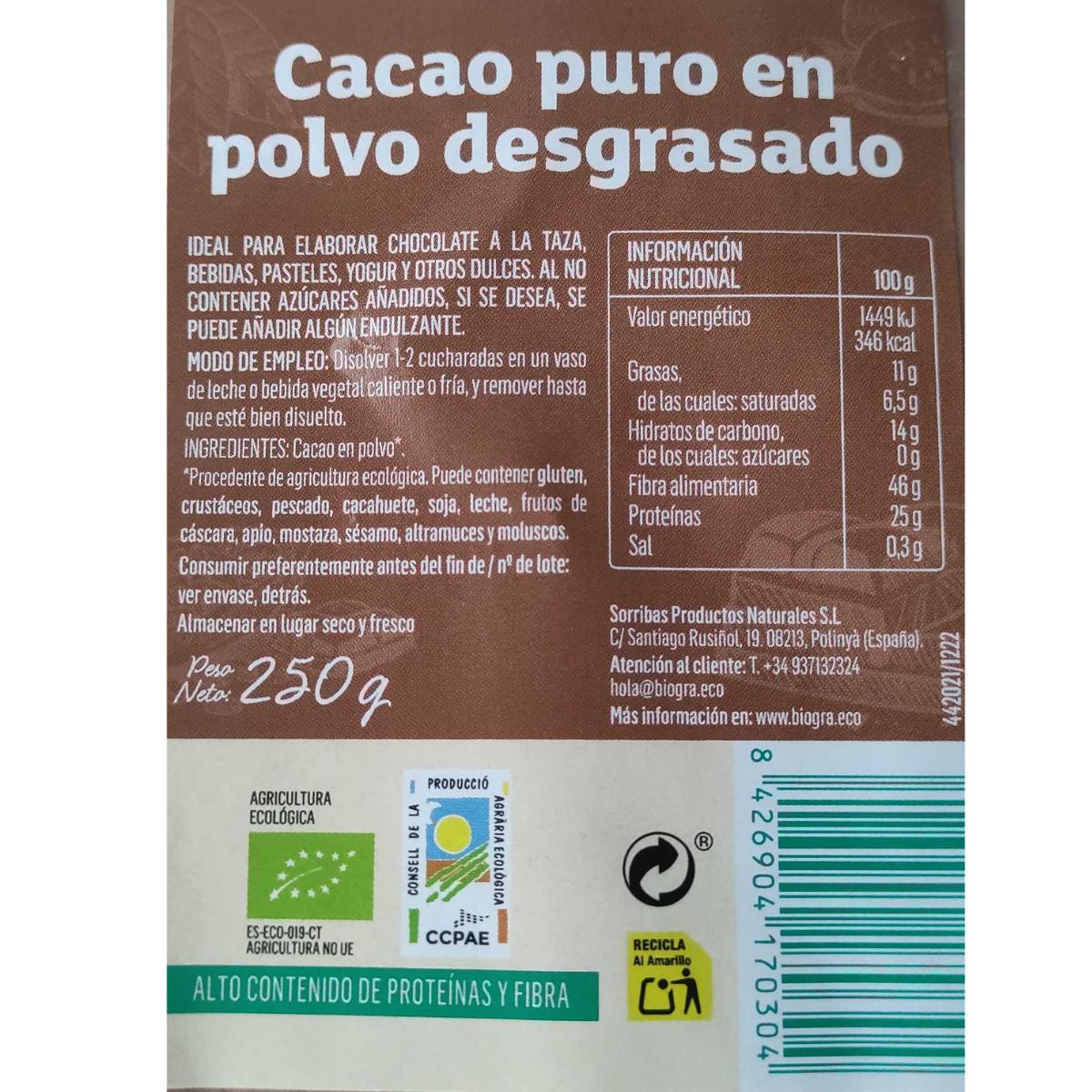 Cacao ECO puro in polvere sgrassato Biográ 250 g