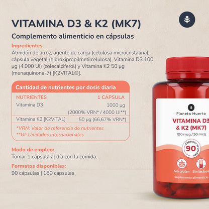 Vitamina D3 e K2 Mk7 Planeta Huerto 180 Capsule