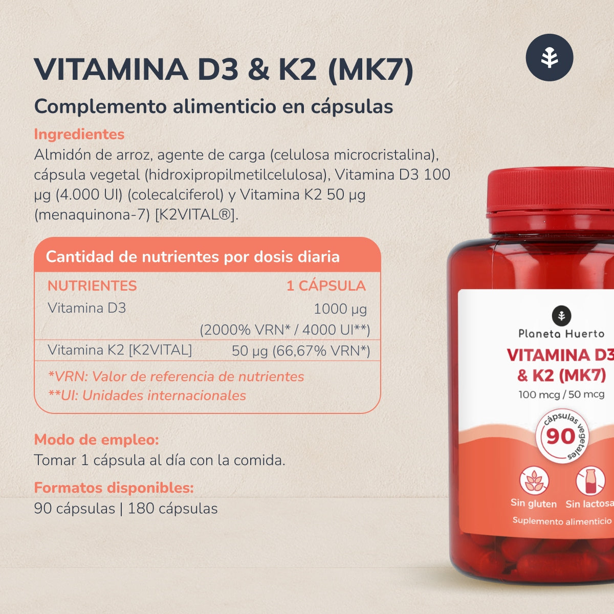 Vitamin D3 & K2 (Mk7) Planeta Huerto 90 kapslar