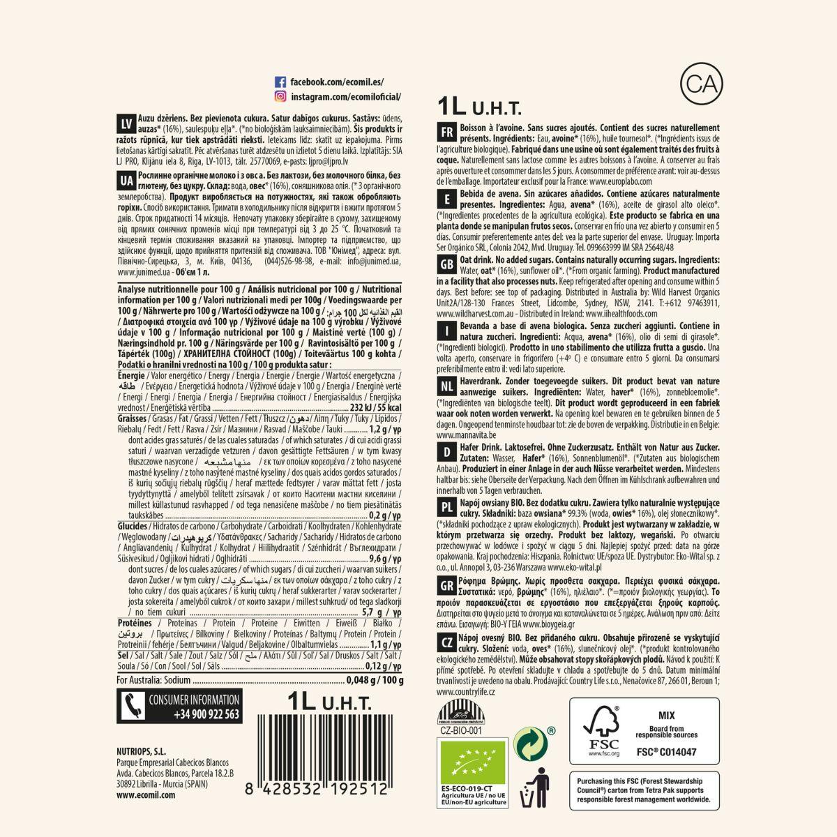 Ecomil Organic Oat Drink with no added sugar 1 L