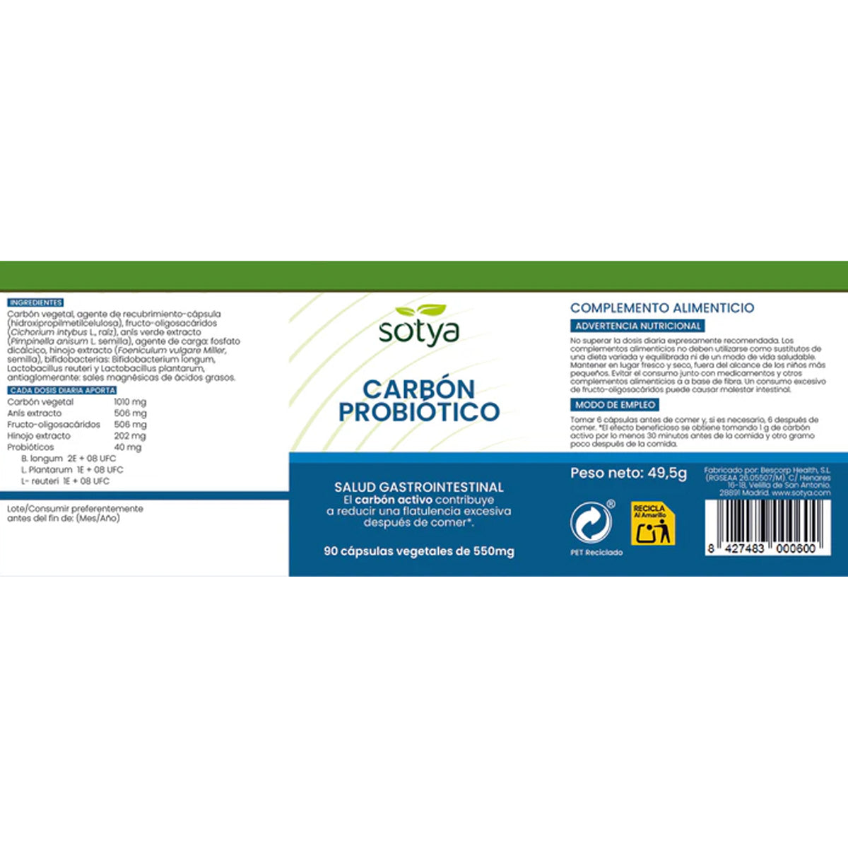 Carbone probiotico Sotya 90 capsule vegetali da 550 mg