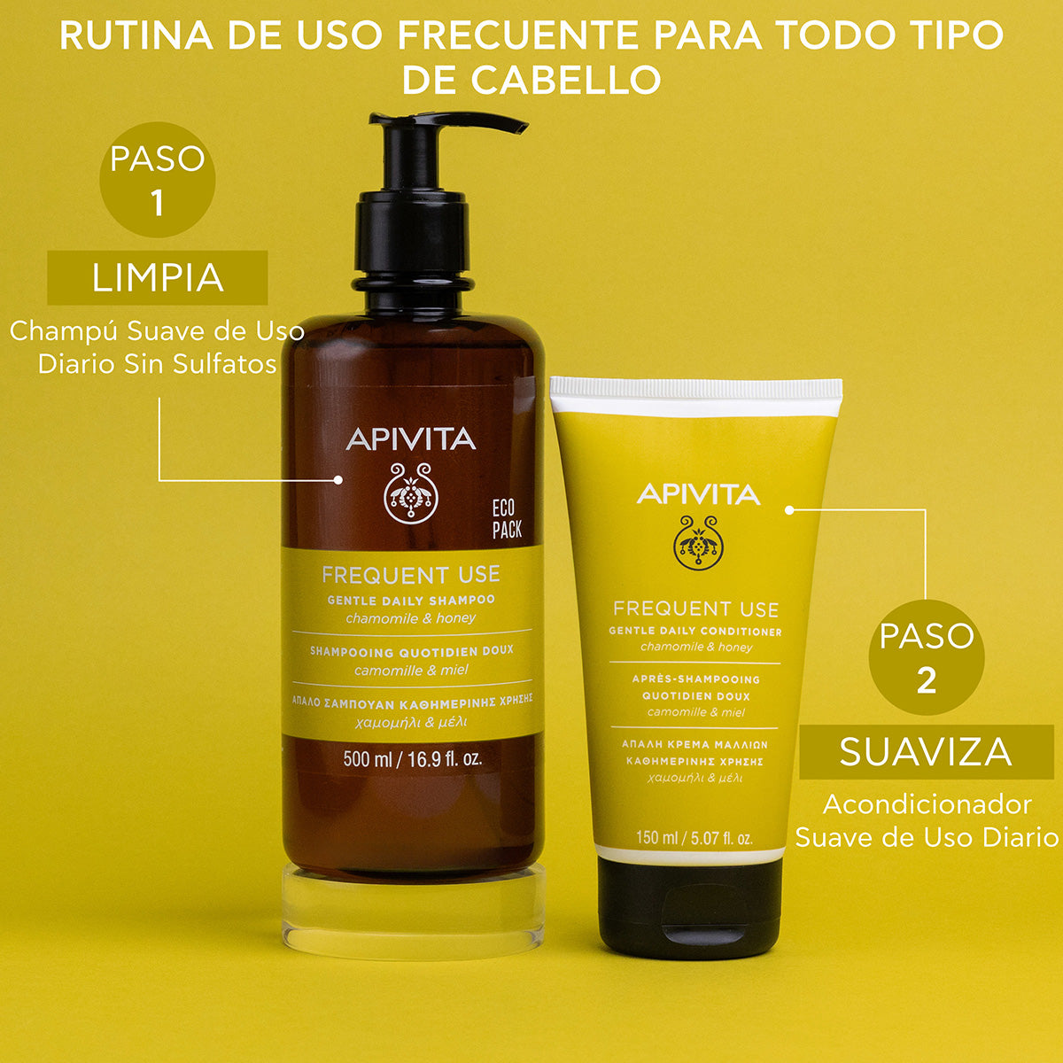 Shampooing doux pour usage quotidien - ECOPACK APIVITA, 500 ml