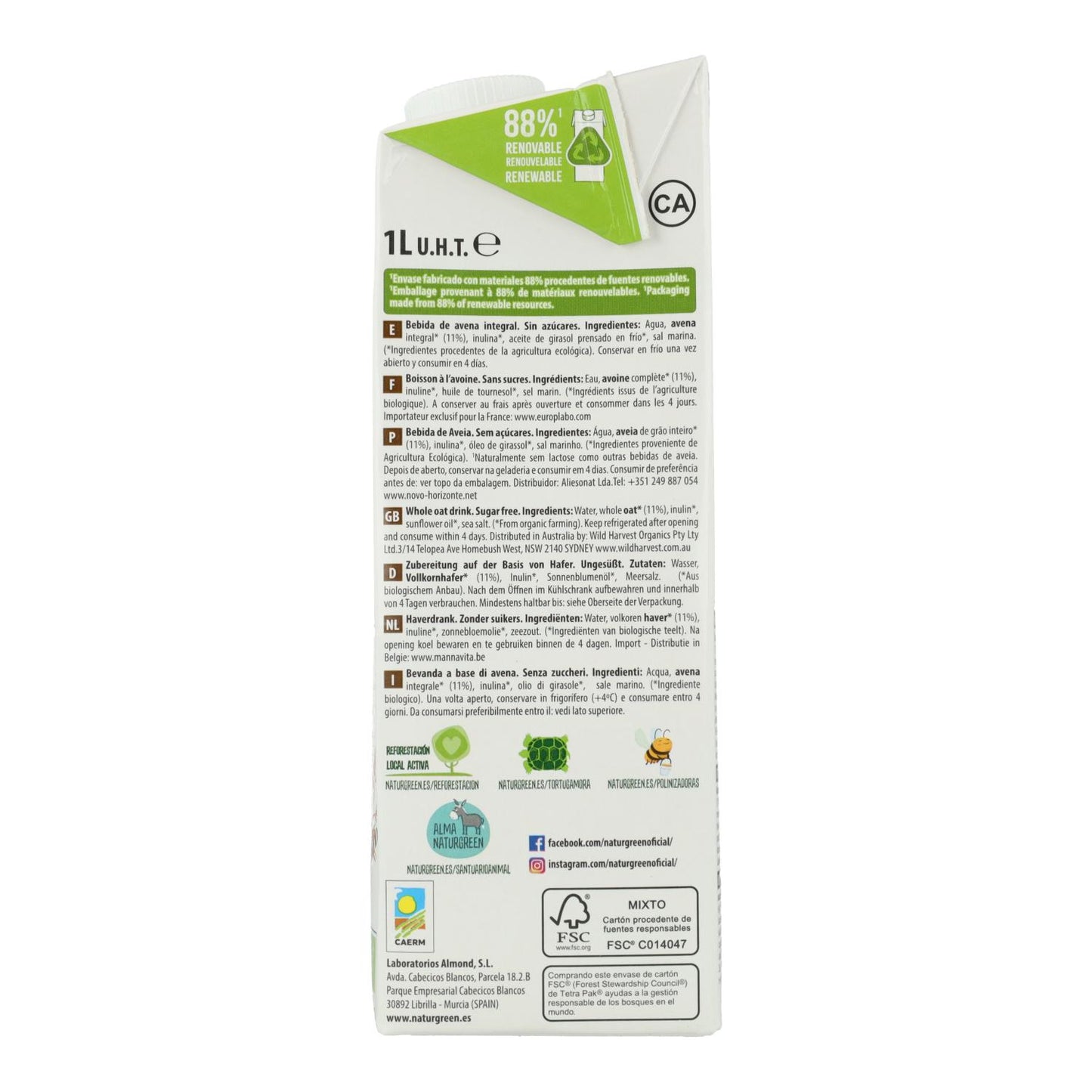 Pakket 6 stuks Biologische NaturGreen volkoren haverdrank 0% suikers 1 l