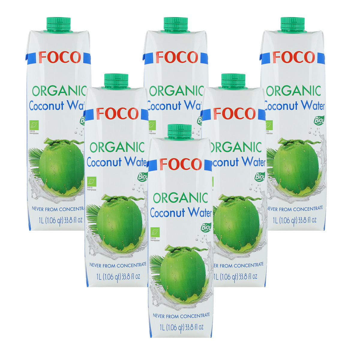Pack 6x Eau de coco pure 100 % naturelle Foco 1 l