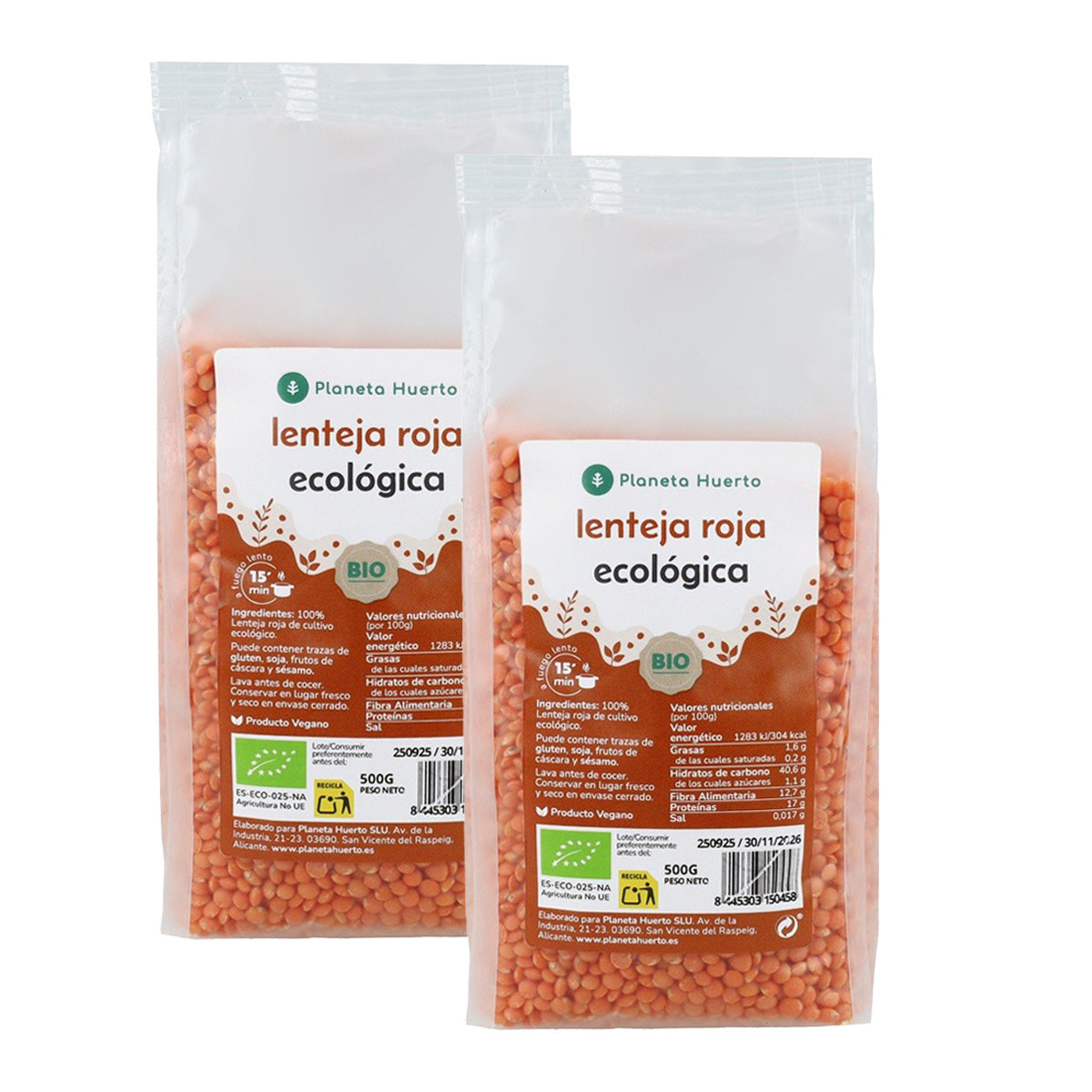 Packung 2x Rote Linsen ECO Planeta Huerto 500 g