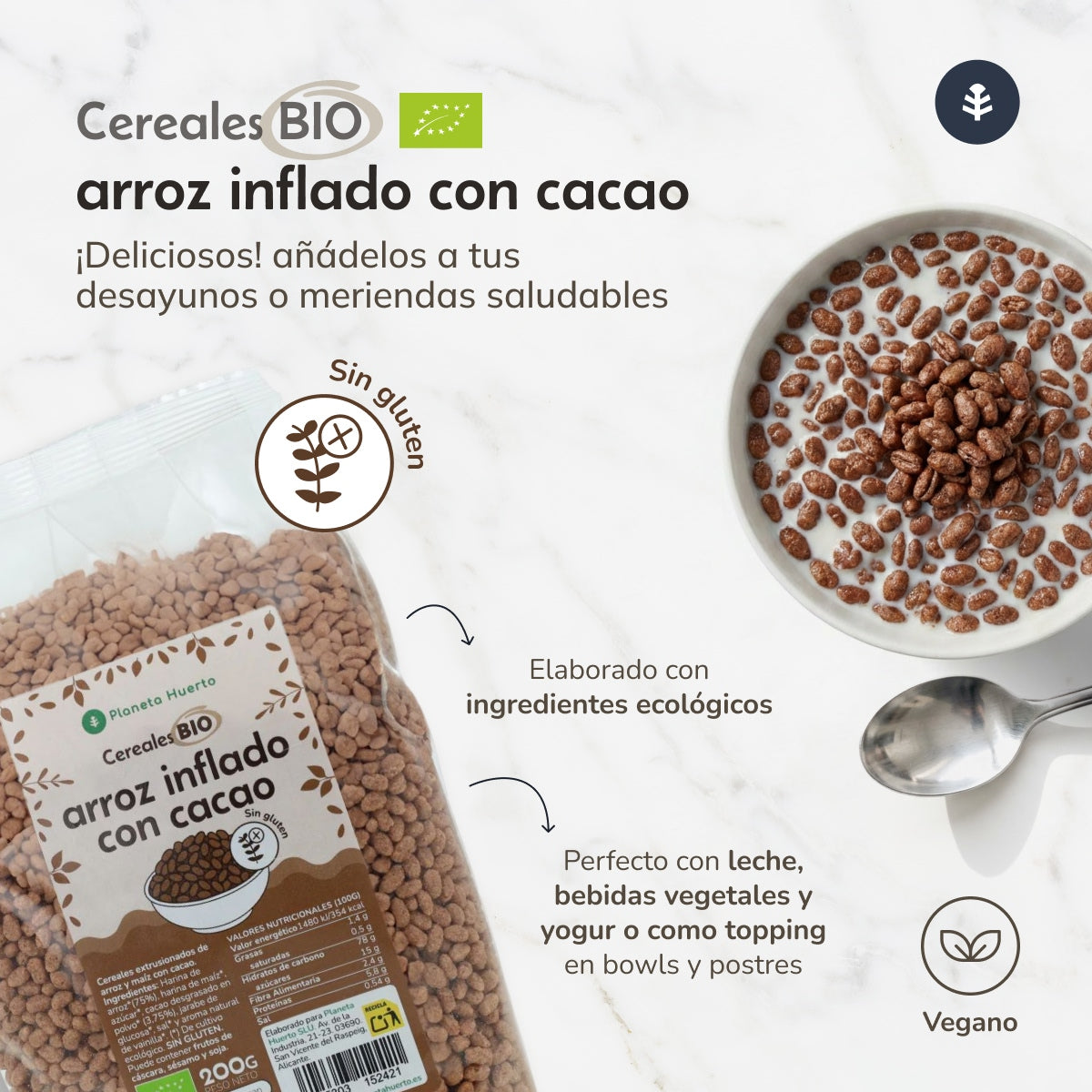 Glutenfritt puffat ris med kakao ECO Planeta Huerto 200 g