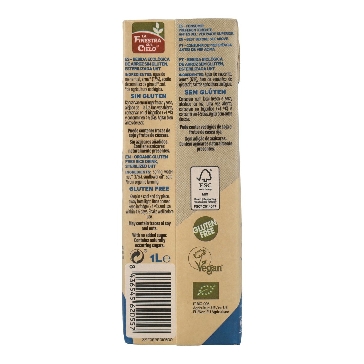 Pack of 6 x La Finestra Sul Cielo Gluten-Free Rice Drink 1 L