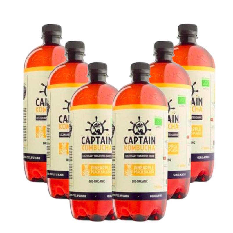 Pack of 6 L Captain Kombucha Organic Pineapple and Peach Kombucha Drink
