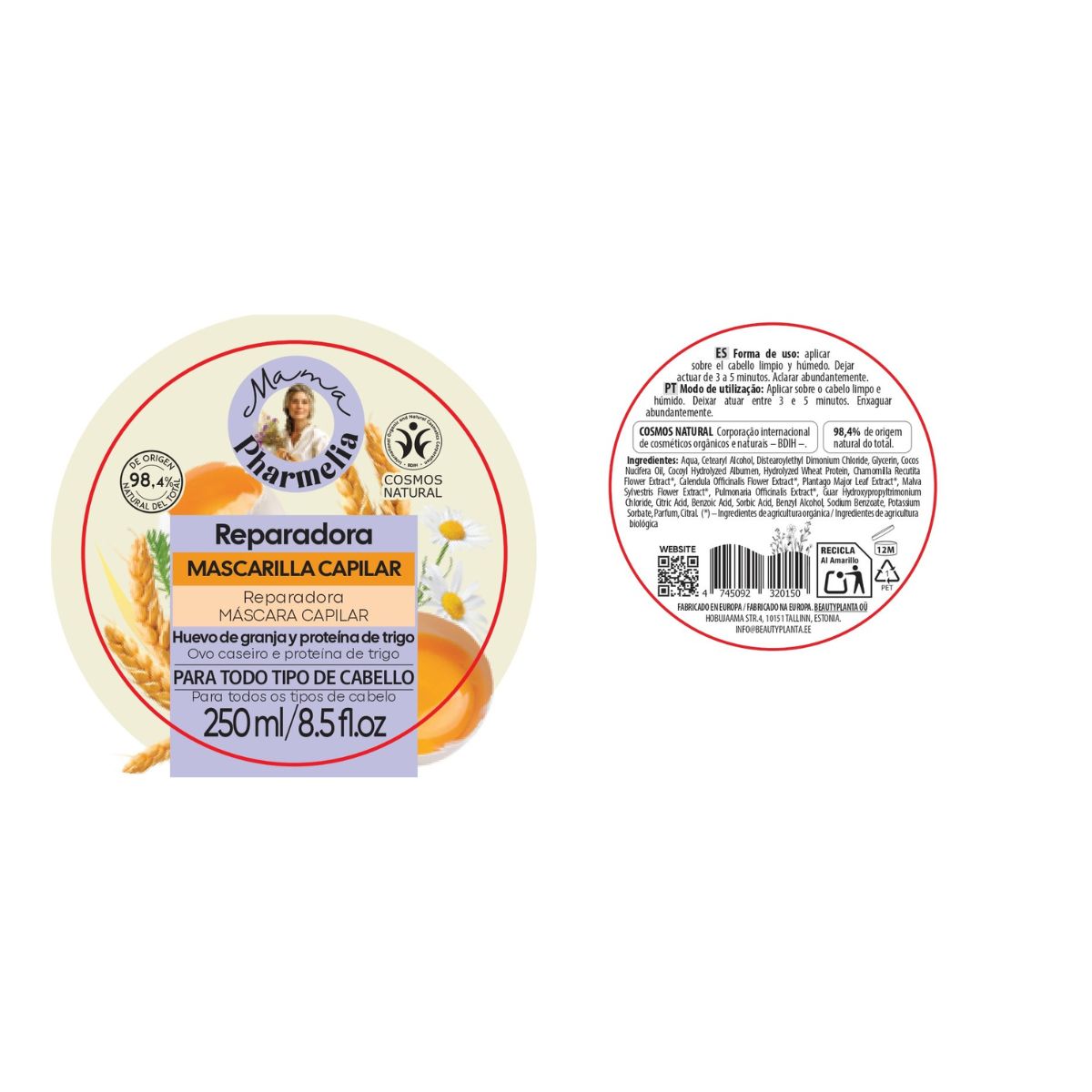 Maschera riparatrice per capelli con uova di fattoria e proteine del grano, Mama Pharmelia, 250 ml