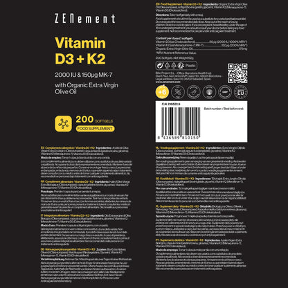 Vitamine D3 + K2, cholecalciferol (2000 IE) & MK-7 (150 μg) Zenement, 200 tabletten