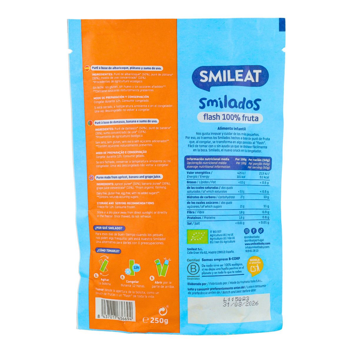 SMILADO abricot et banane bio, glace flash pour enfants 100 % fruits SMILEAT