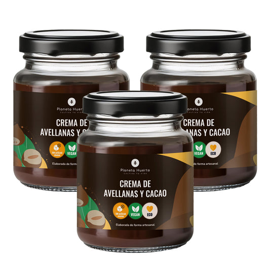 3-pack hasselnöts- och kakaokräm utan tillsatt socker ECO Planeta Huerto 230 g