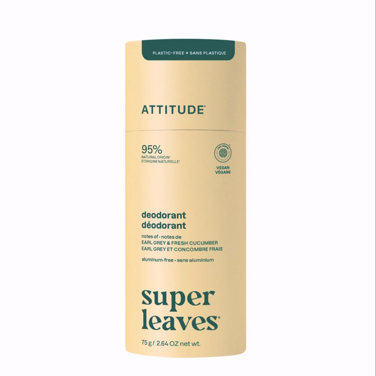 Super leaves Deodorante - Earl Grey & Fresh cucumber - senza plastica, Attitude, 75 g
