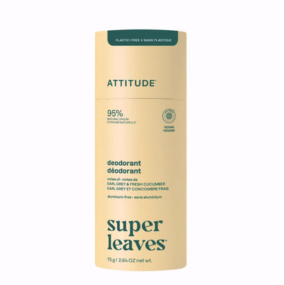 Super leaves Deodorante - Earl Grey & Fresh cucumber - senza plastica, Attitude, 75 g