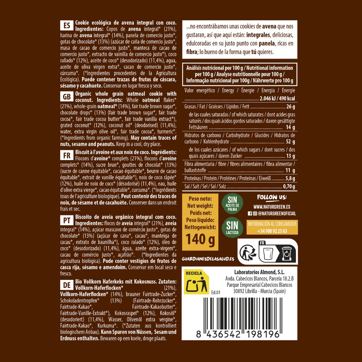 Fullkornskaka med kokos Bio NaturGreen 140 g