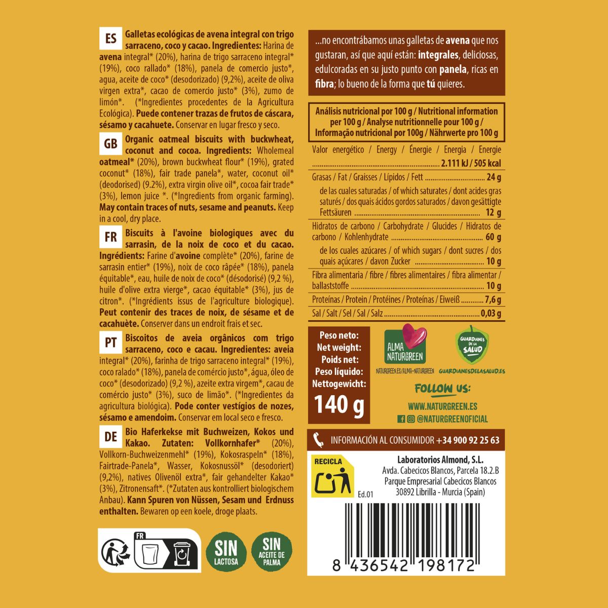 Volkoren havermoutkoekje met boekweit, kokos en cacao Bio NaturGreen 140 g