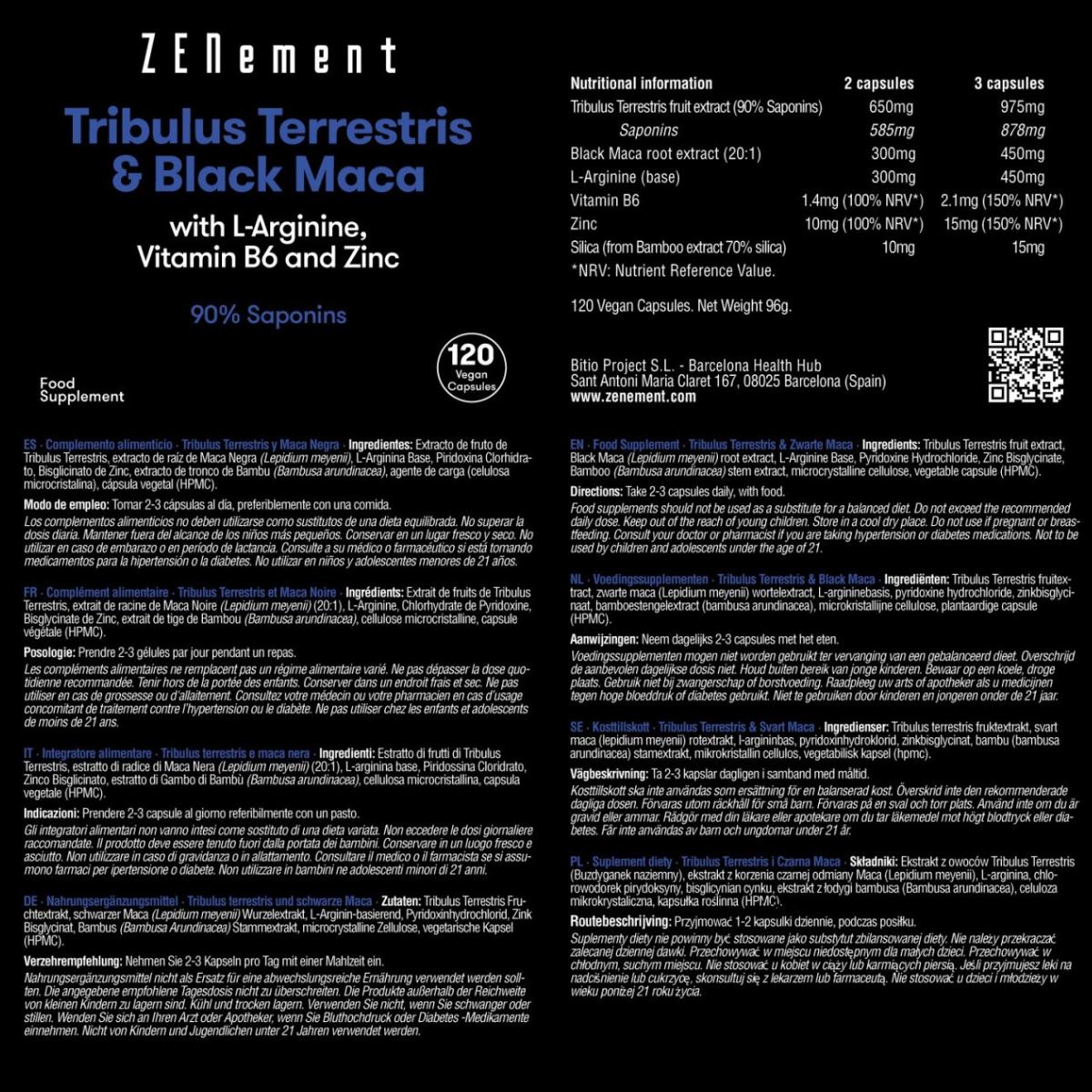 Tribulus Terrestris & Maca Nera, con L-Arginina, vitamina B6 e Zinco, Zenement 120 compresse