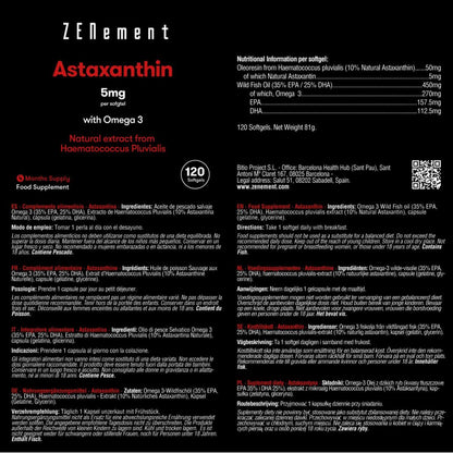 Astaxanthin, 5 mg med Omega 3 Zenement,  120 tabletter Astaxanthin 5 mg med Omega 3