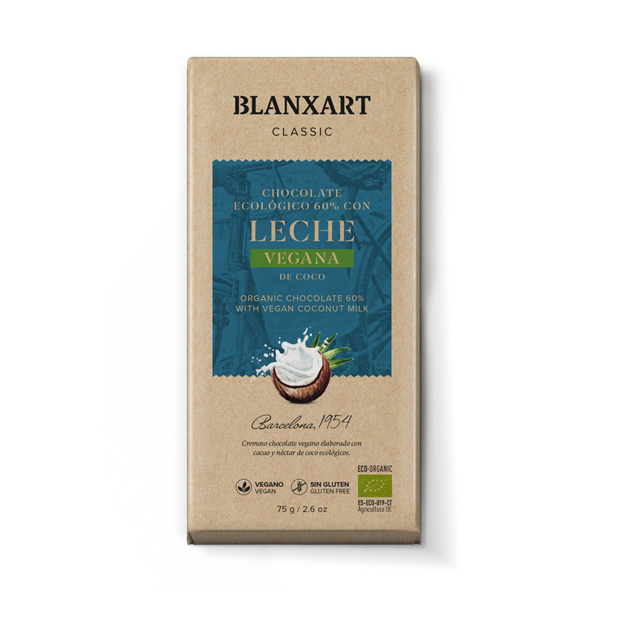 Chocolat 60 % cacao avec lait de coco, bio, végétalien, sans gluten Blanxart 75 g