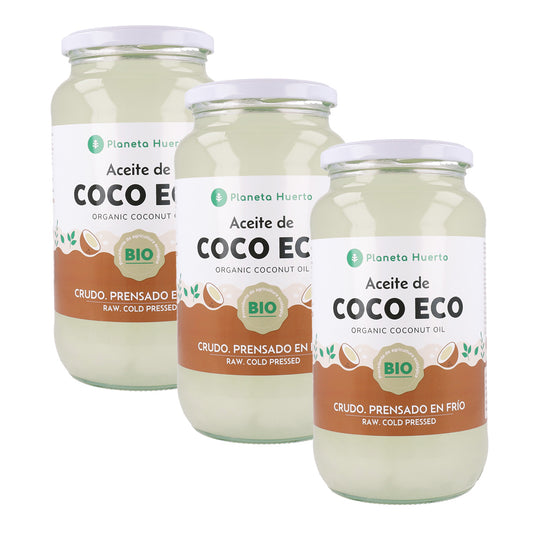Förpackning 3x Jungfru kokosnötsolja ECO Planeta Huerto 1L