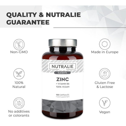 Nutralie Zinc avec vitamine B6 Acné Peau Cheveux Végétalien 120 gélules