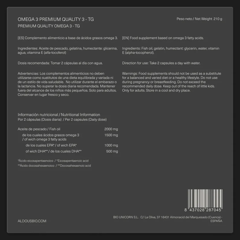 Omega-3-Kapseln Premium 1000 mg EPA und 500 mg DHA Aldous Bio 150 Kapseln