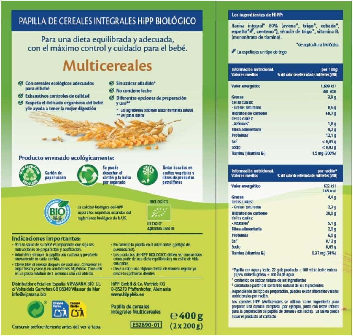 Pappa multicereali biologica +6 mesi HiPP 400 g