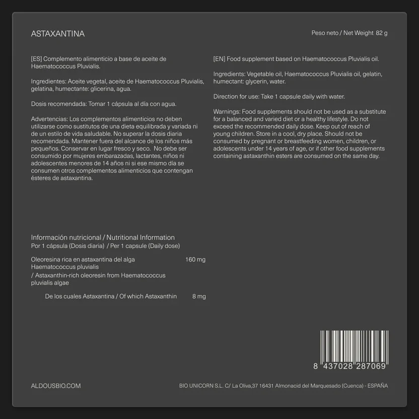 Ren naturlig astaxantin 8 mg, 160 mg Astaxantinarik olja Aldous Bio 120 kapslar