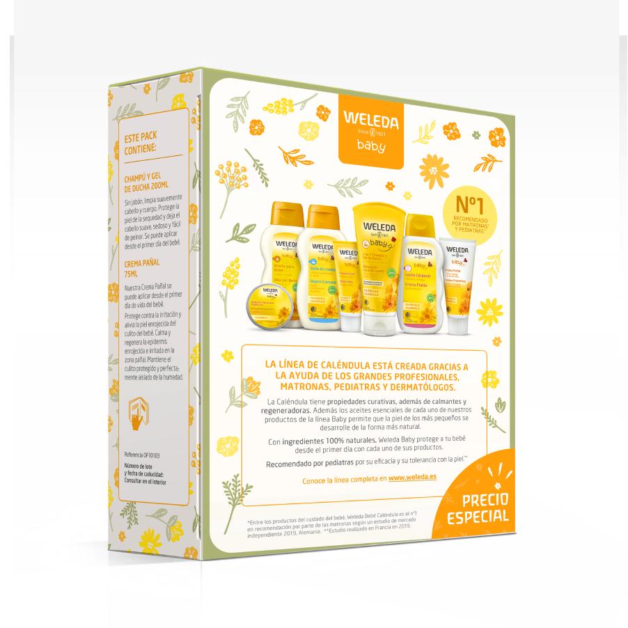 Zestaw niezbędnych produktów dla niemowląt: szampon i żel 200 ml + krem pod pieluchy 75 ml z nagietkiem Weleda