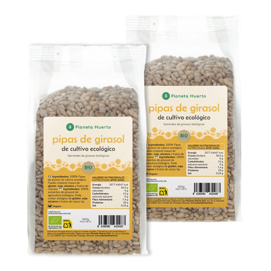 Förpackning med 2x skalade solrosfrön ECO Planeta Huerto 500 g