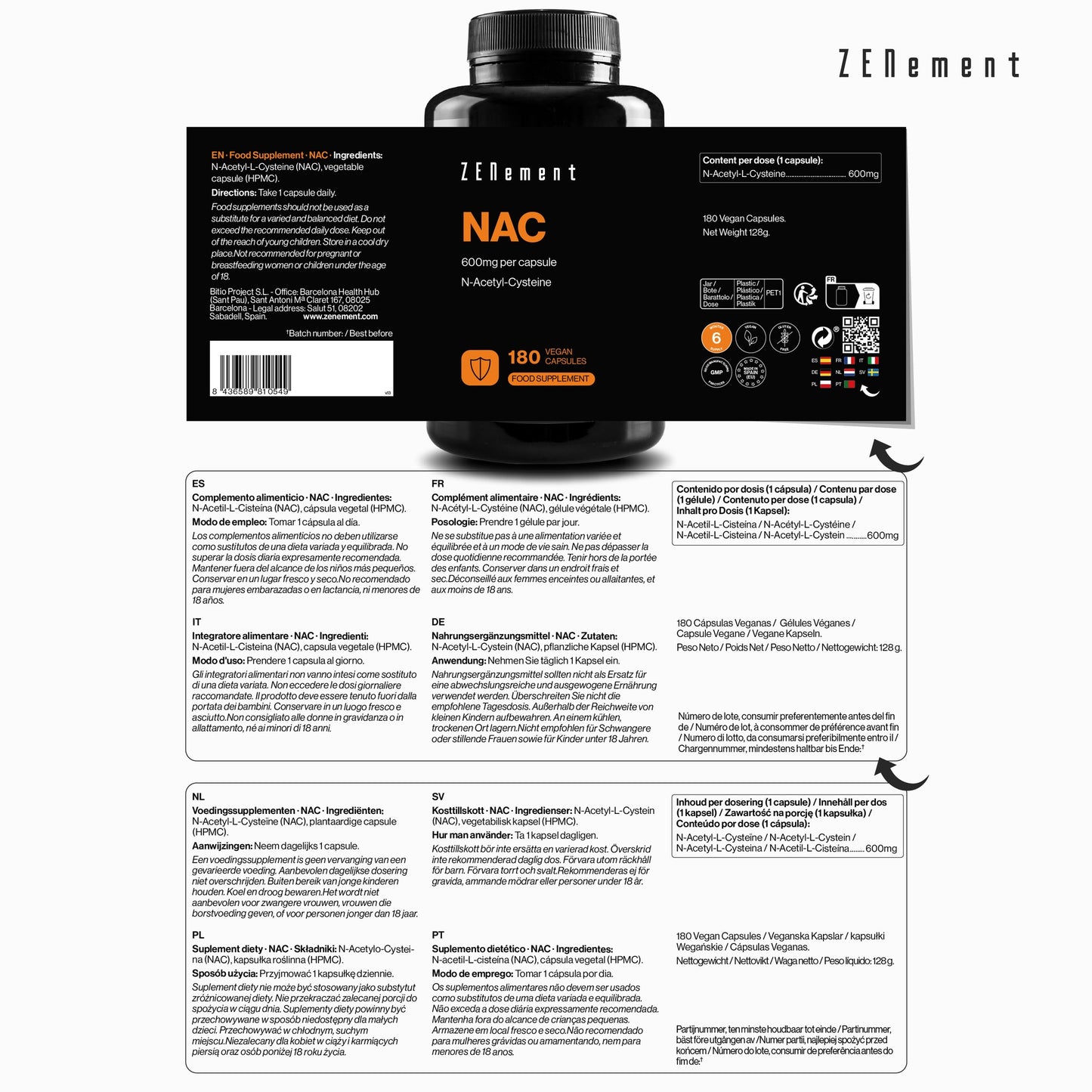 NAC N-Acetylcystein, 600 mg Zenement, 180 vegane Tabletten  NAC 600 mg