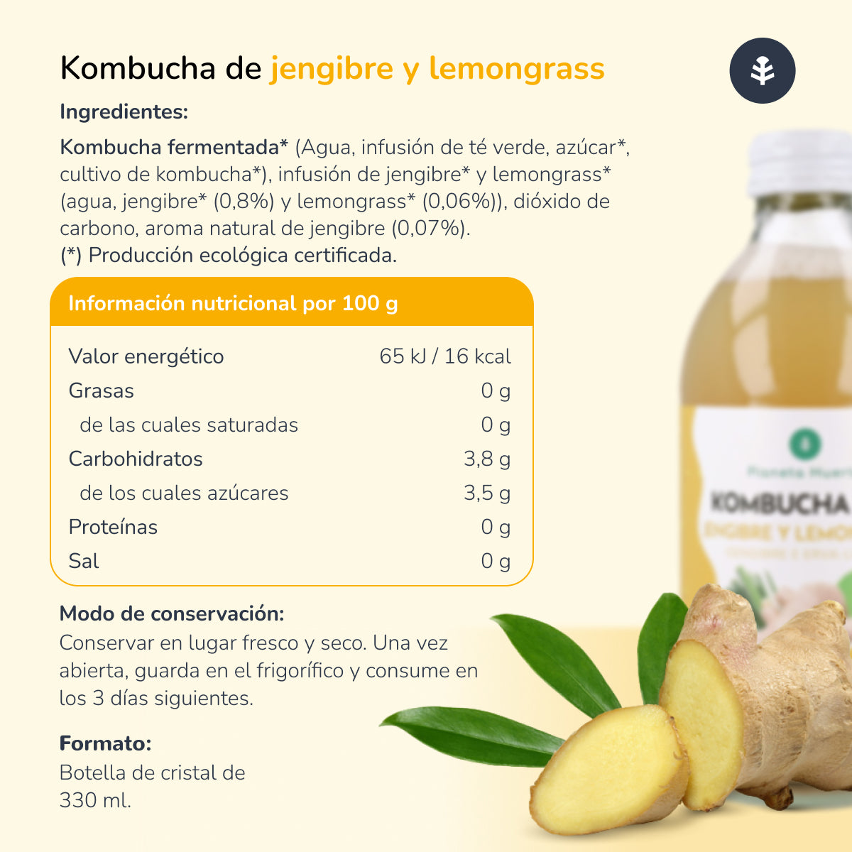 Kombucha ECO Imbir i trawa cytrynowa Planeta Huerto 330 ml