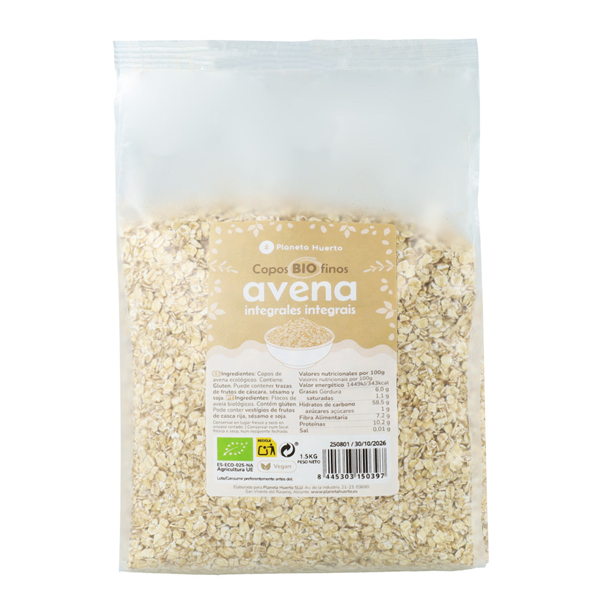 Fine Wholemeal Oat Flakes ECO Planeta Huerto
