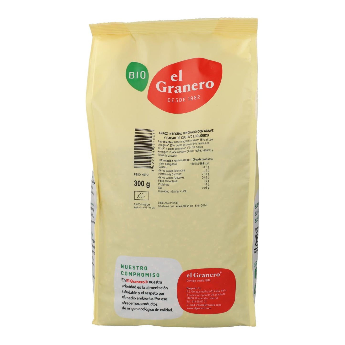 Riso integrale soffiato con agave e cacao El Granero, 300 g