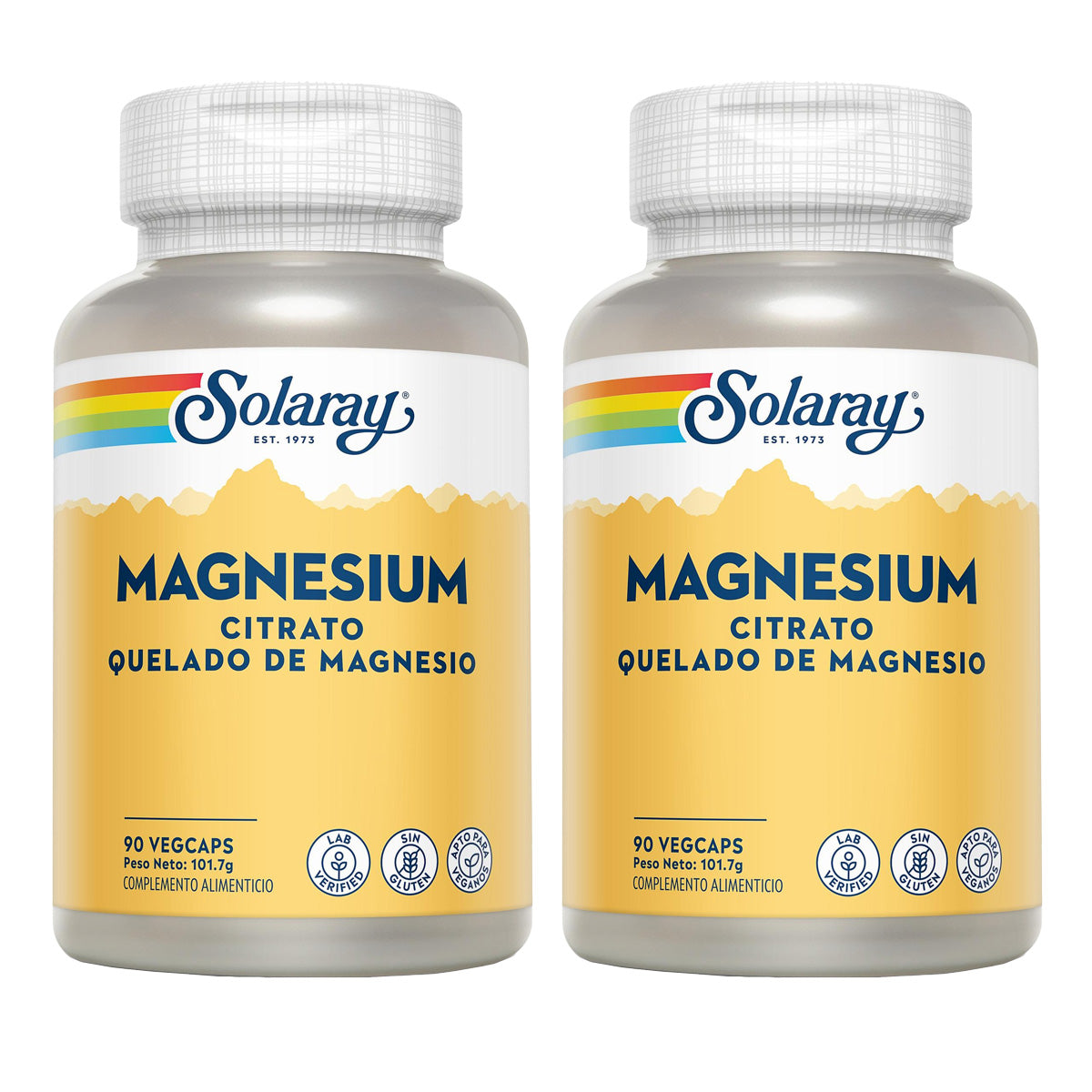 Pack of 2x Magnesium Citrate - Magnesium - Solaray 90 VegCaps. Gluten-free. Suitable for vegans