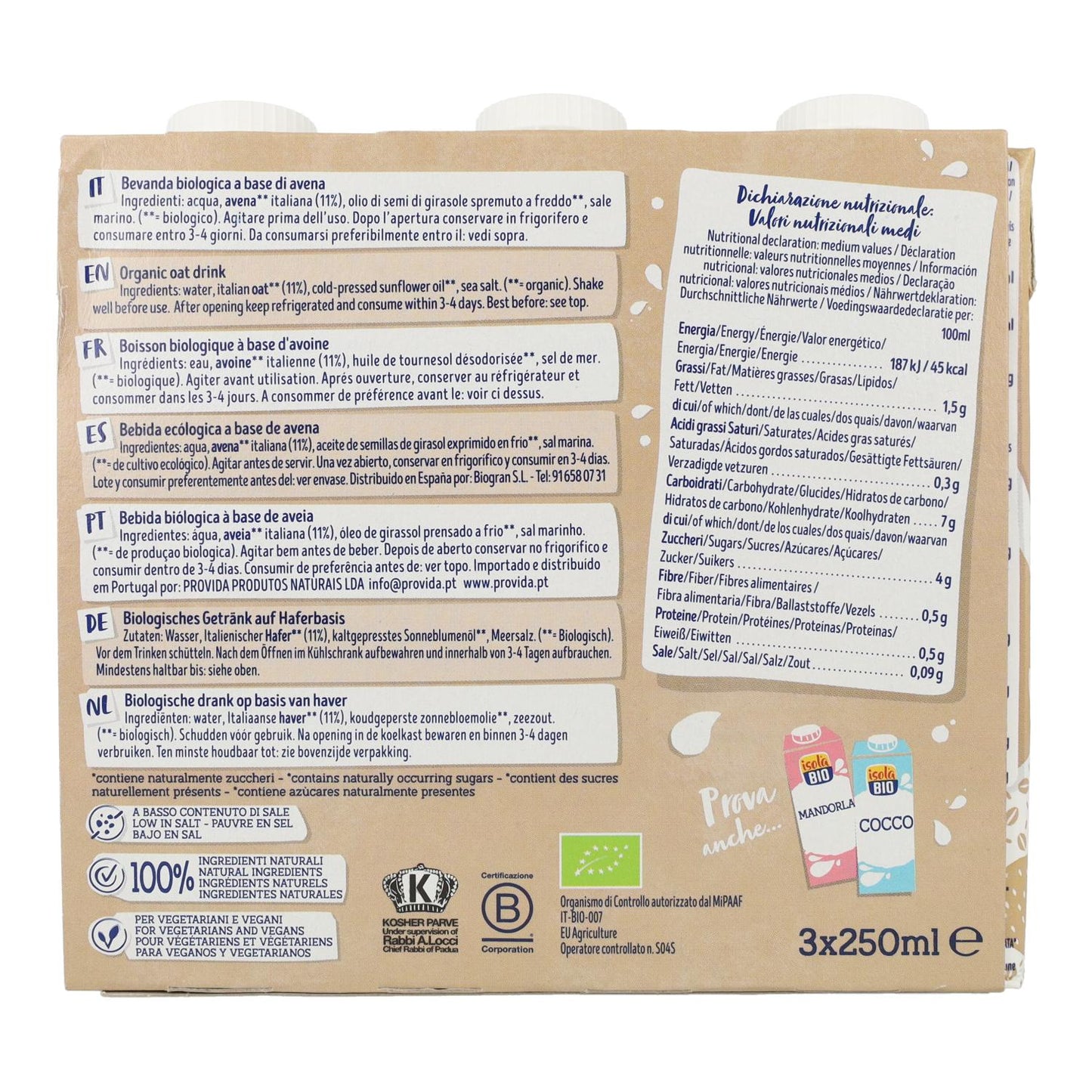 Pack Boisson à l'avoine On the Go Bio Isola Bio 250 ml x 3 unités